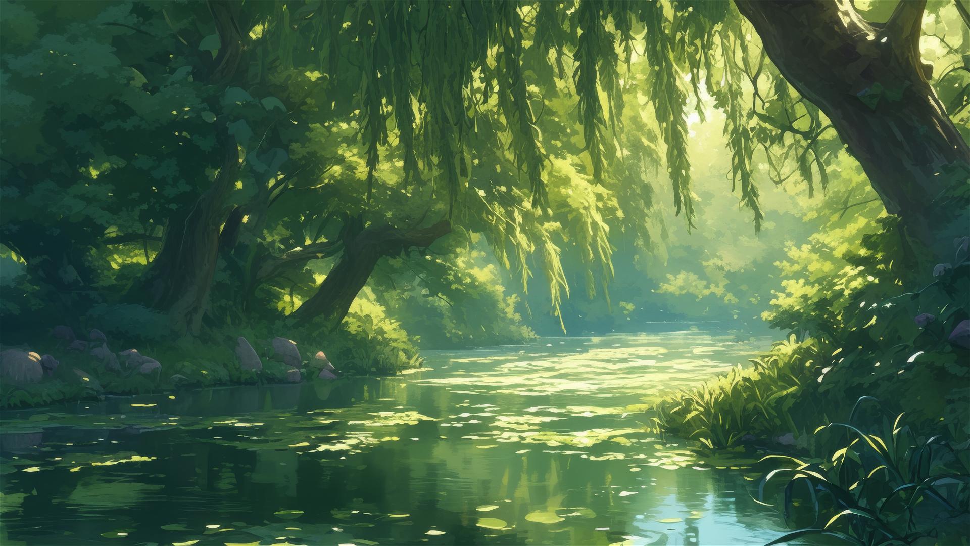 Serene riverside with weeping willows and calm water