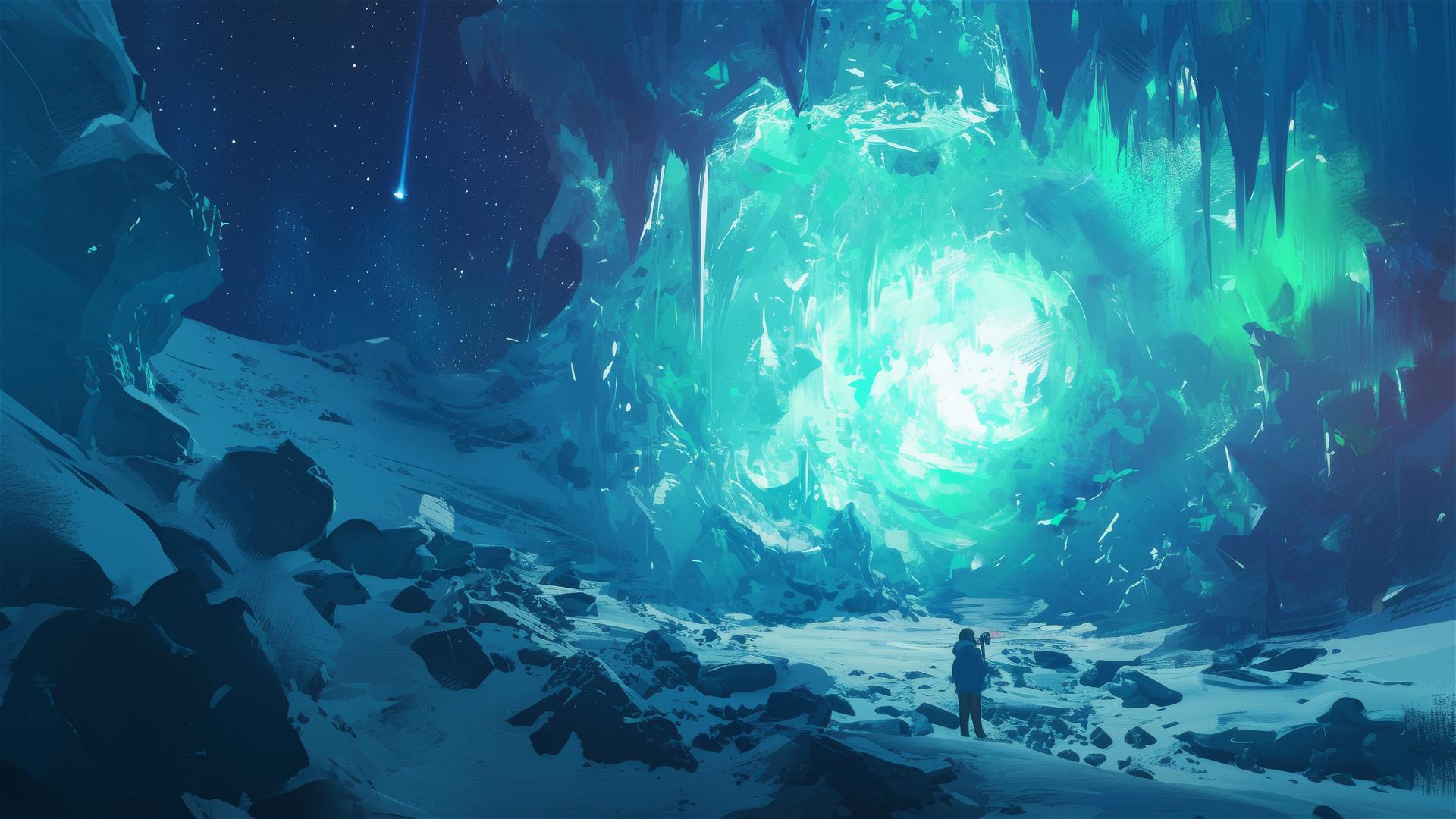 Glistening ice cave under green aurora