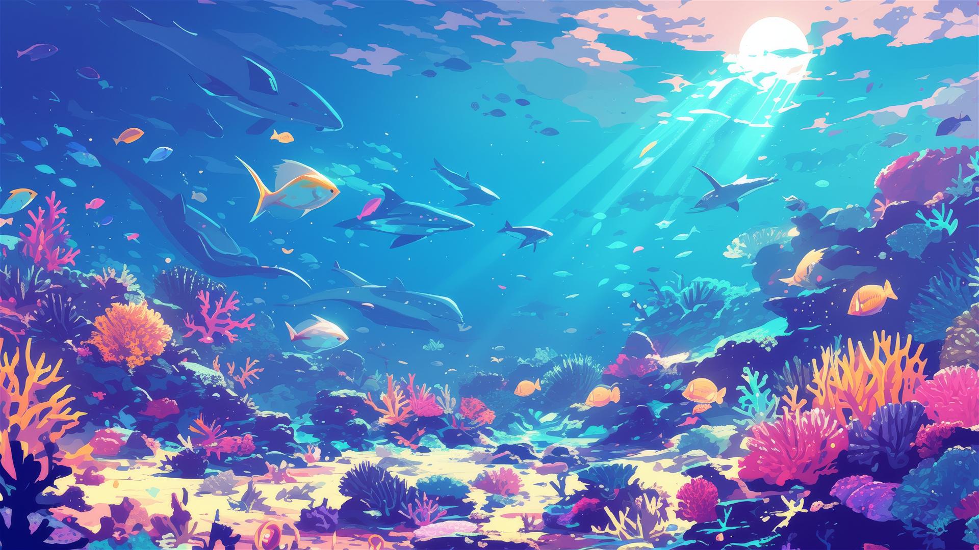 Moonlight illuminating a coral reef with marine life and light shafts