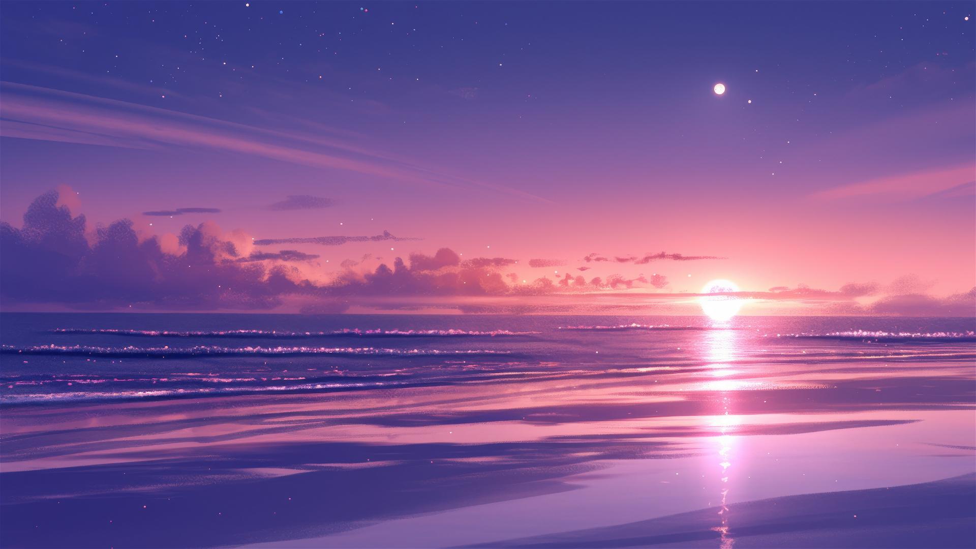 Serene beach at night with pink and purple sky reflecting moonlight