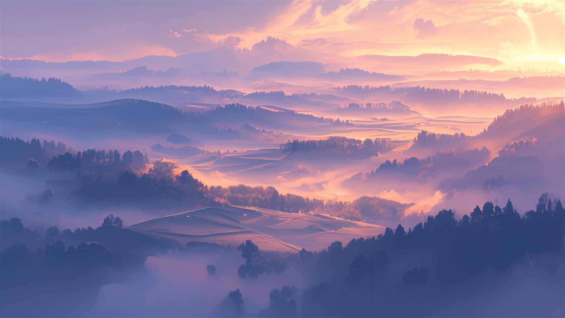 Foggy valley dancing rhythmically at sunrise