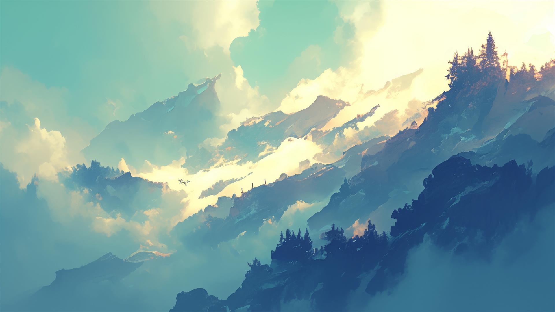 Soft hues in opalescent fog over a mountain pass at morning