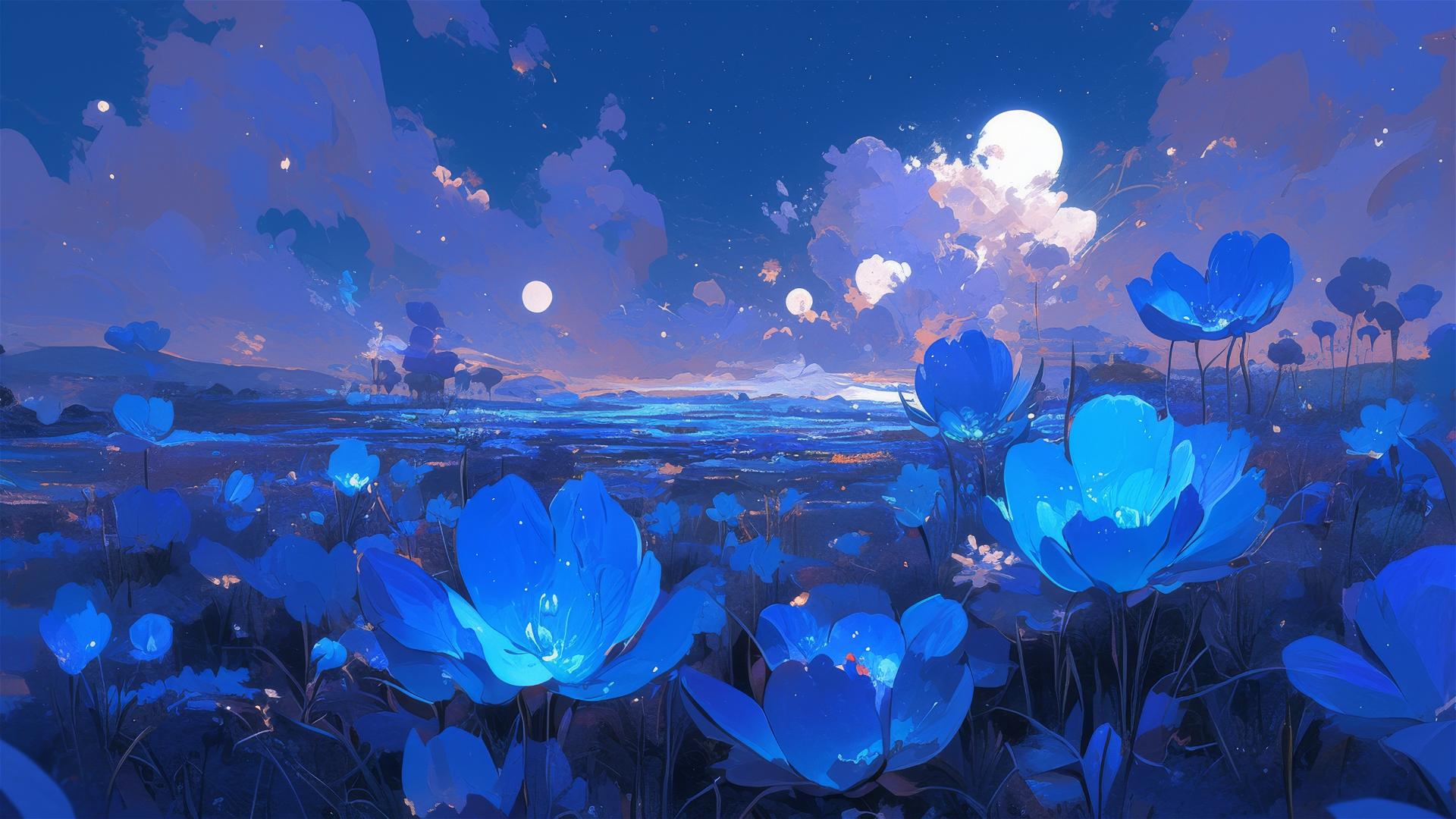 Glowing night blooms on a remote island under moonlight