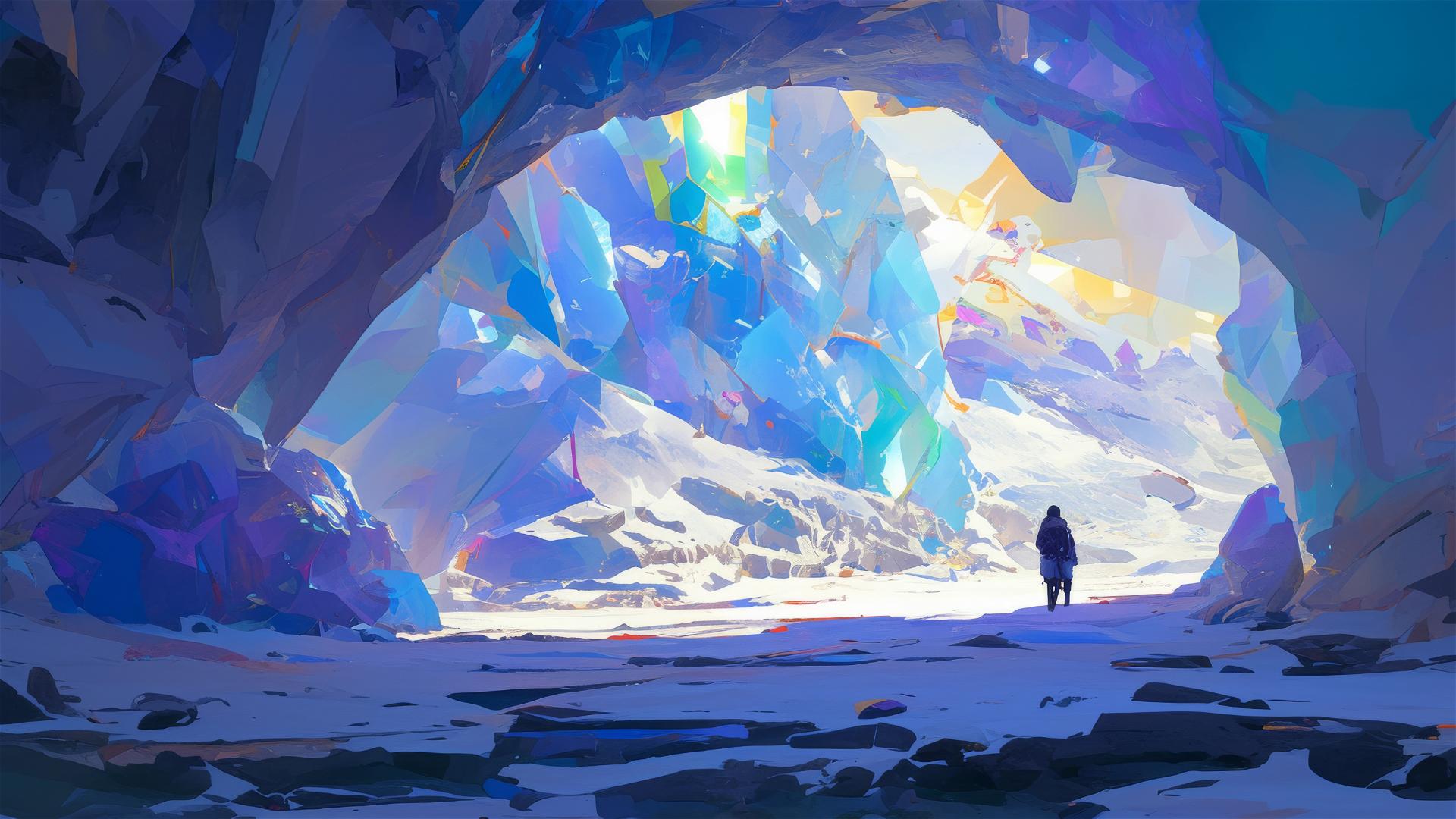 Prismatic ice cave with light casting colored shadows