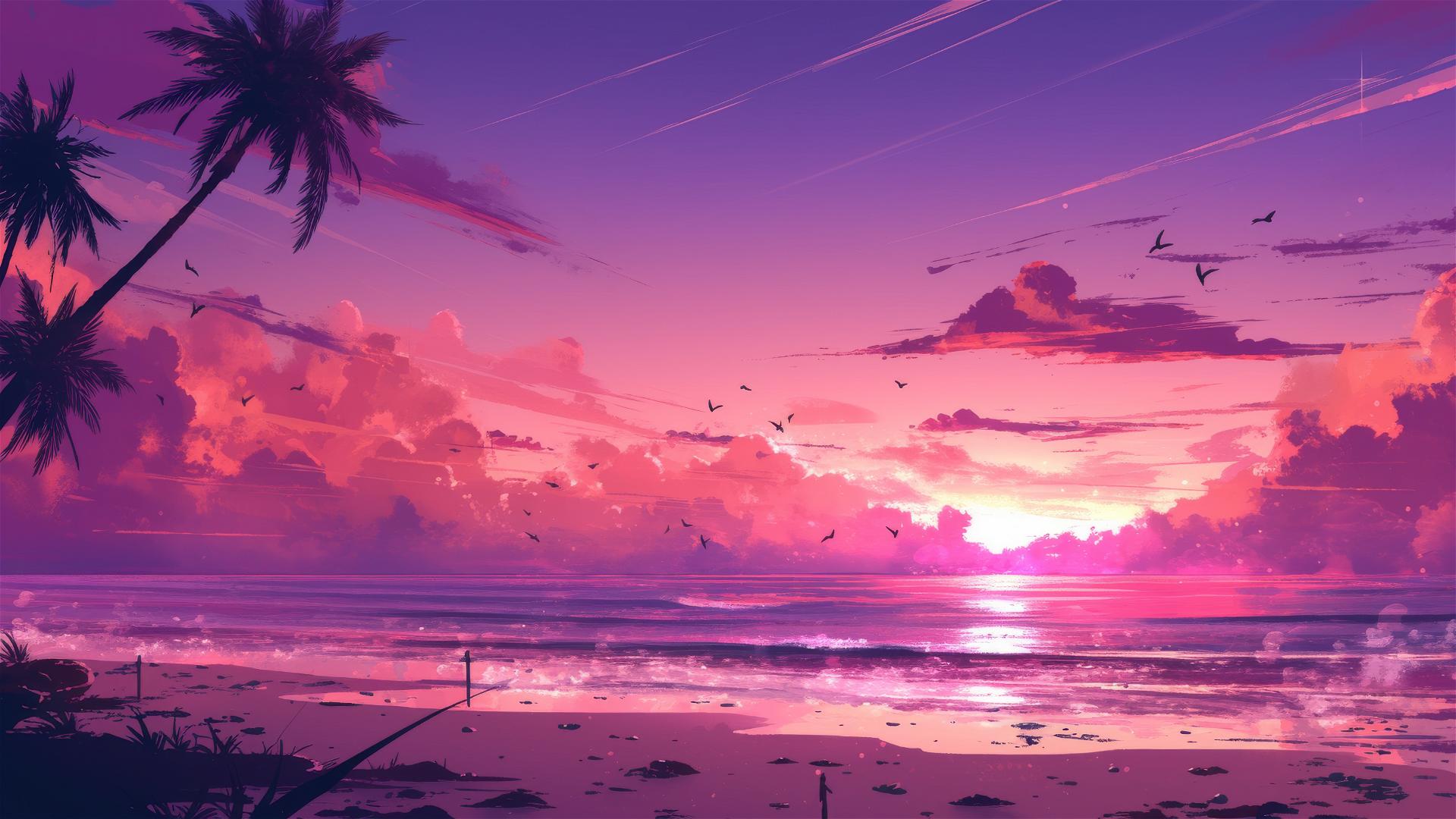 Twilight coral bay with purple and pink hues from setting sun