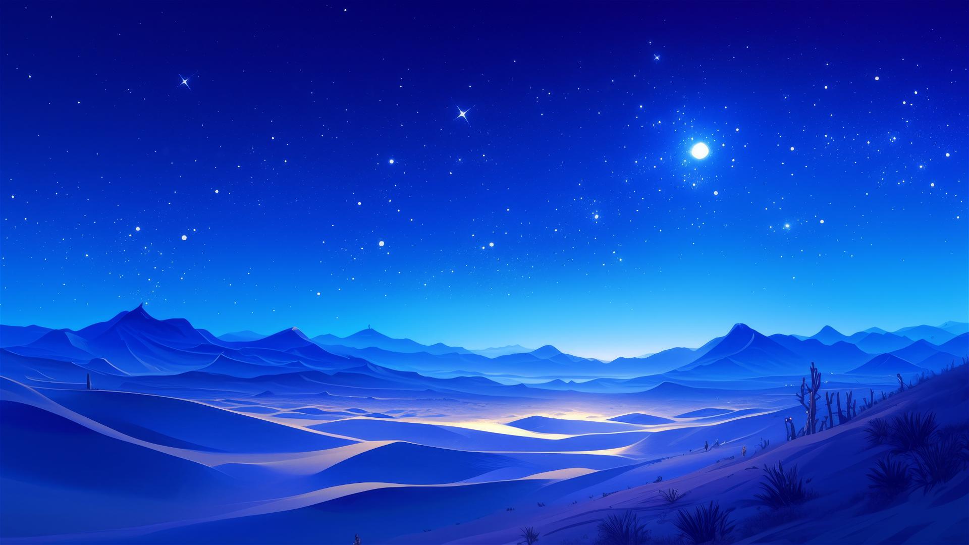 Serene velvet night desert with glimmering sand under a full moon