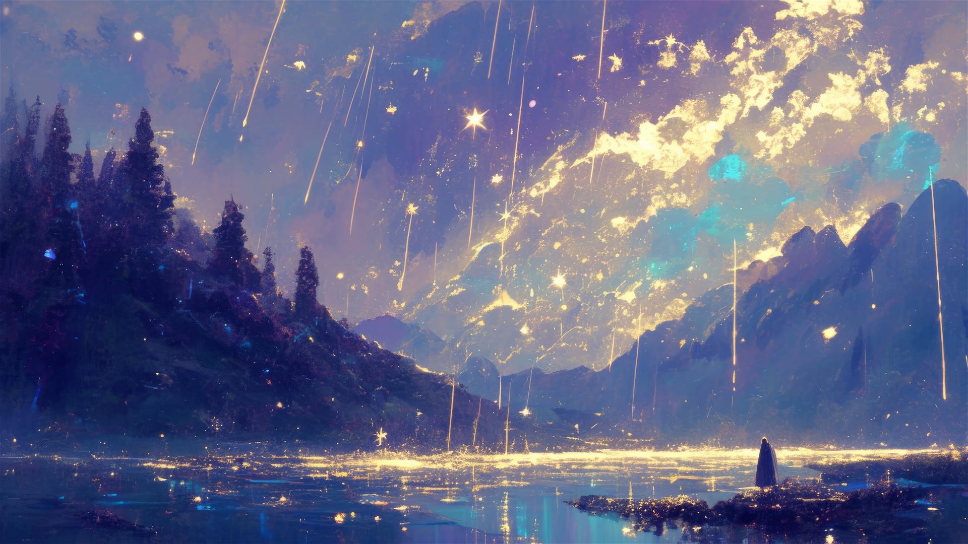 Celestial star-showered lake with reflected cosmic dance on its surface
