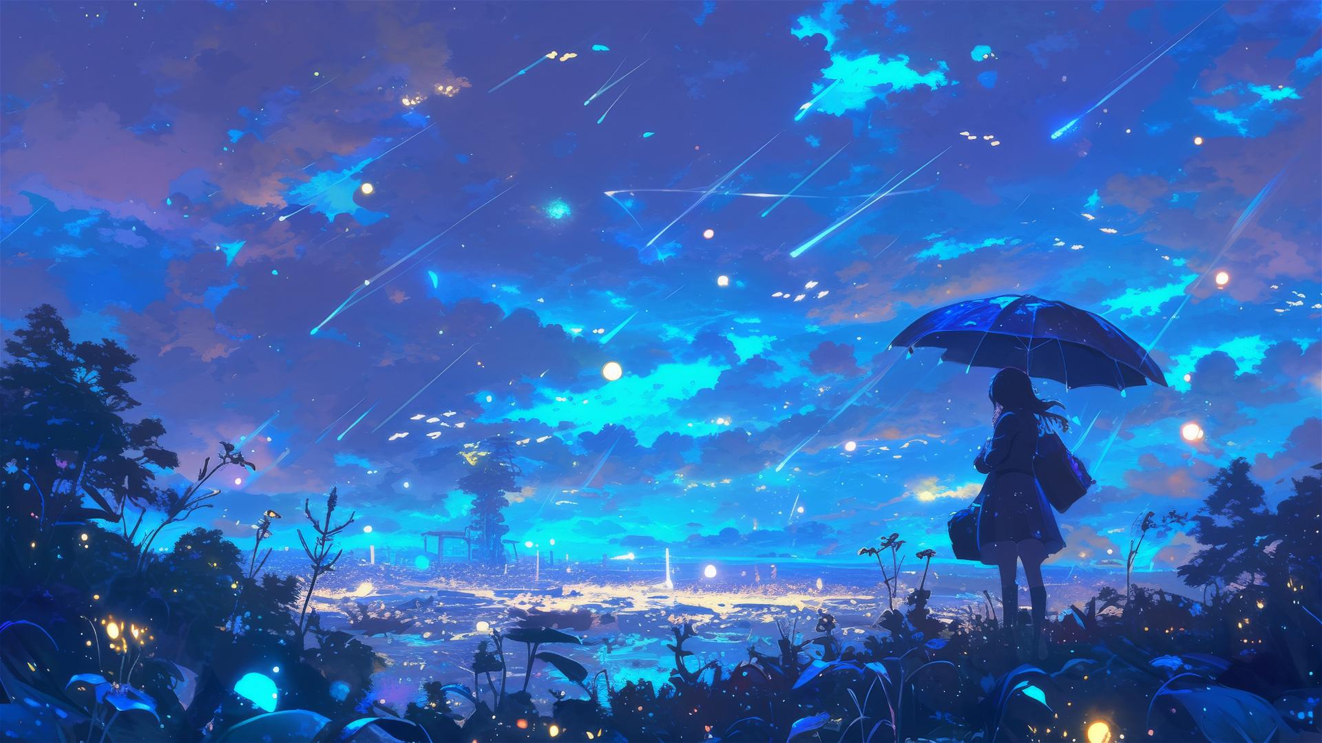 Rain mingling with firefly swarms in a shimmering night scene