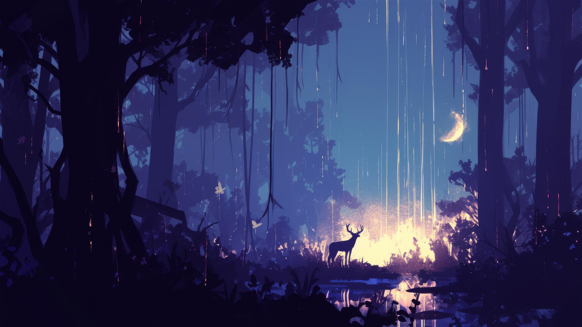 Eclipse rain with animal shadows in a secluded grove