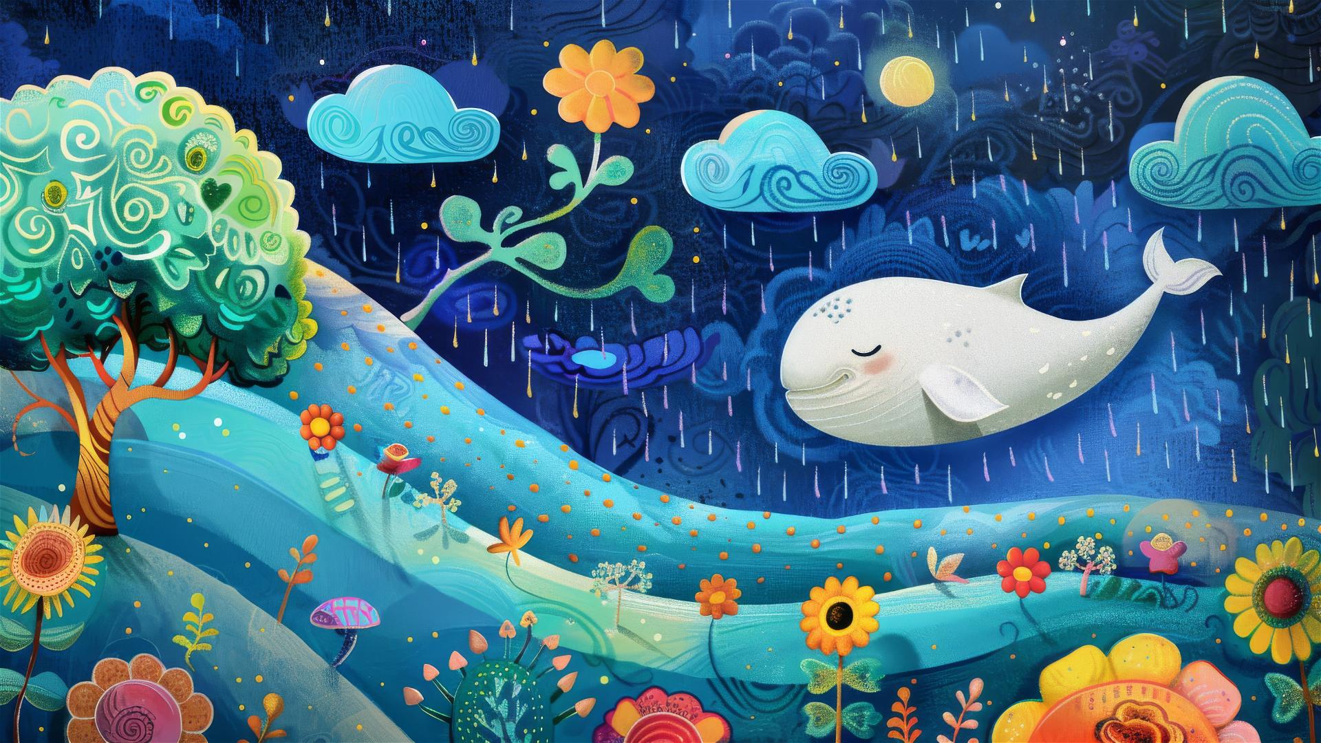 Illustration of a white whale swimming in the sky, amidst stars and raindrops, over a colorful landscape with flowers, pathways, hills, a tall tree with sunflowers and fruit.