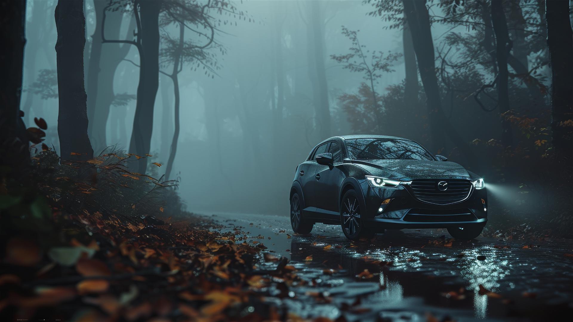 Gloomy gothic-themed Mazada CX-3 in dim lighting and fog
