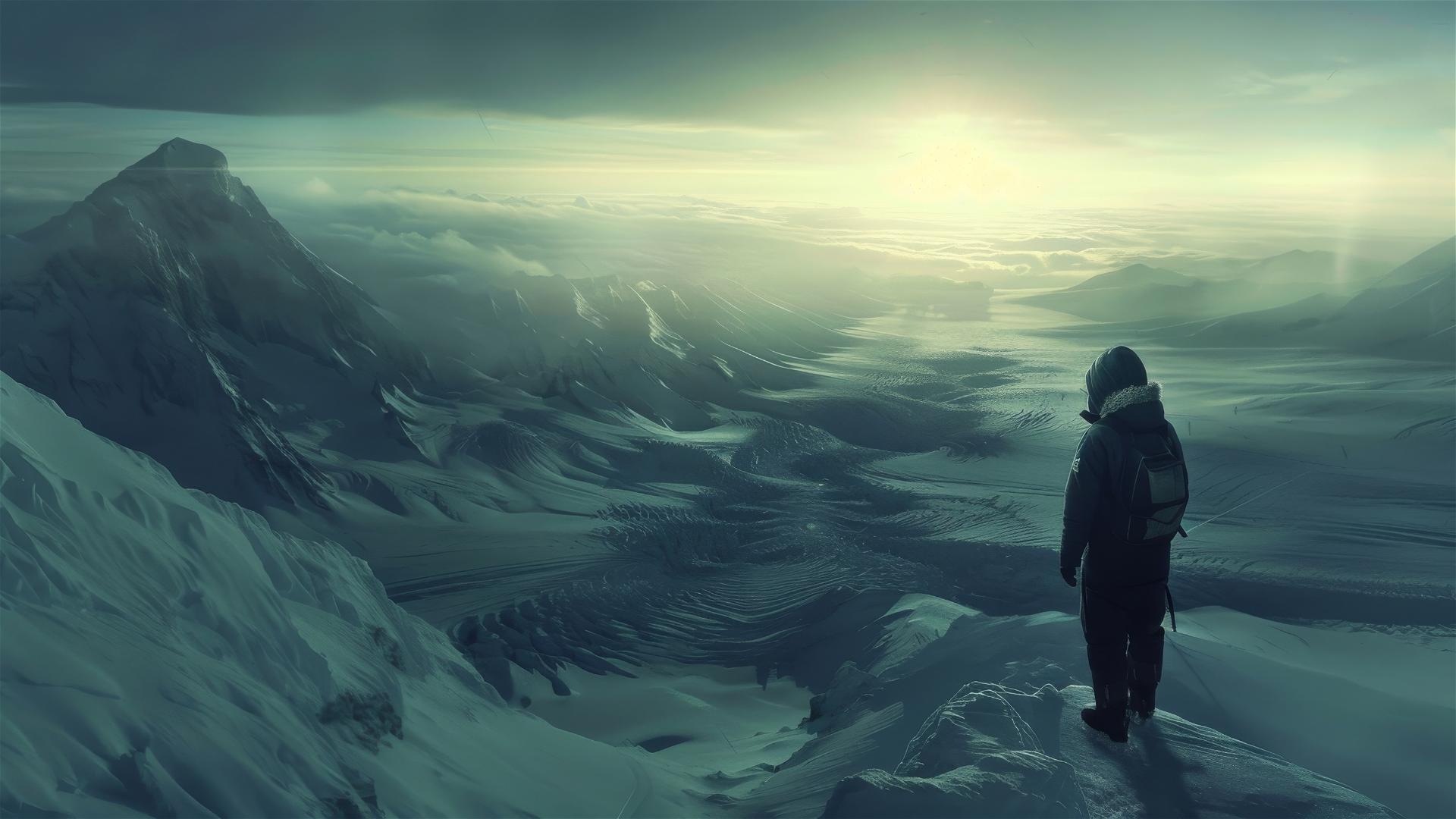 Dark figure in the still, lonely landscape of Antarctica seen from above