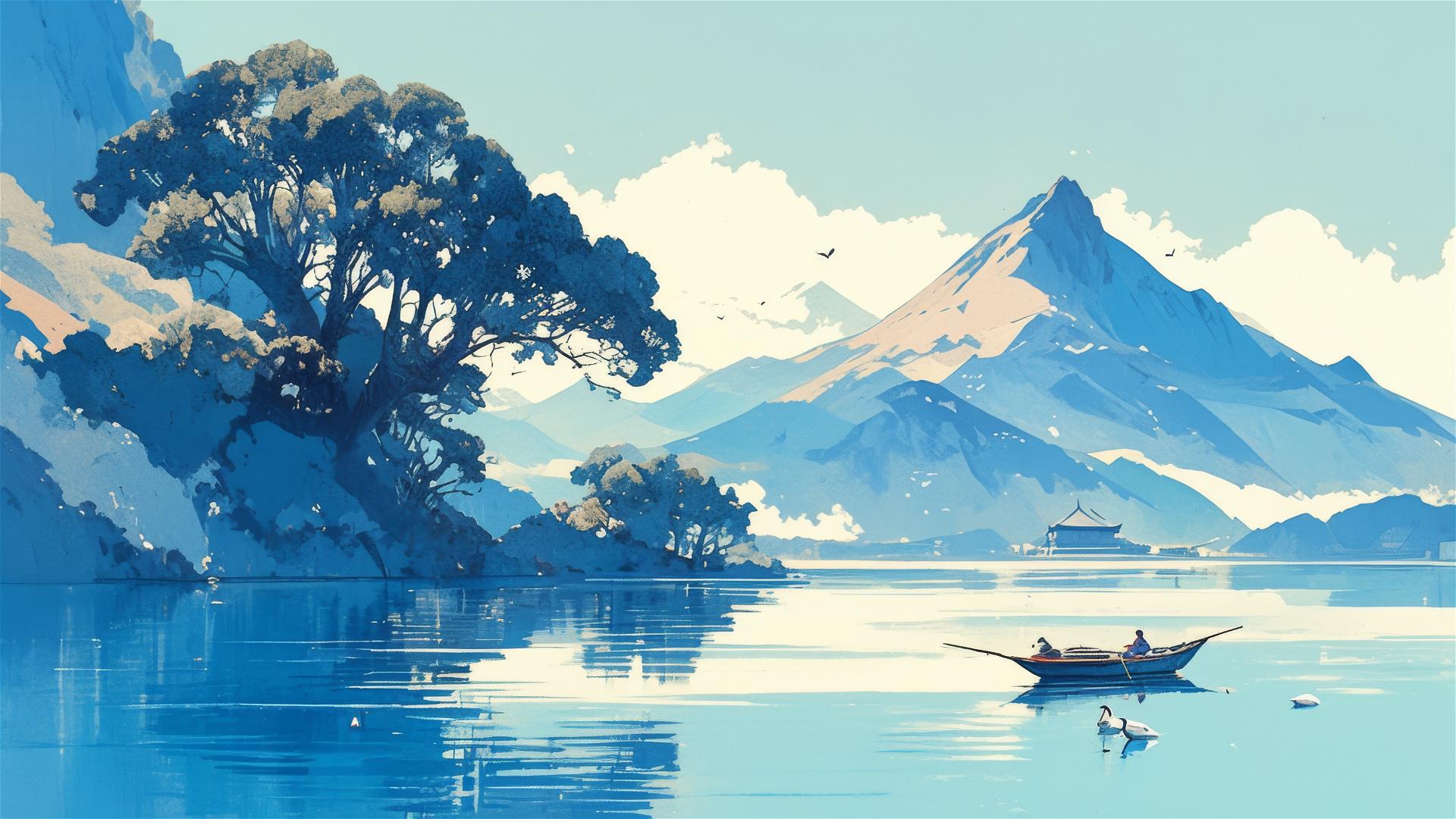 minimalist woodcut painting beside the lake with mountains, hidden manor, clear lake with fishing boat and swans, Mondrian color schemes, white background
