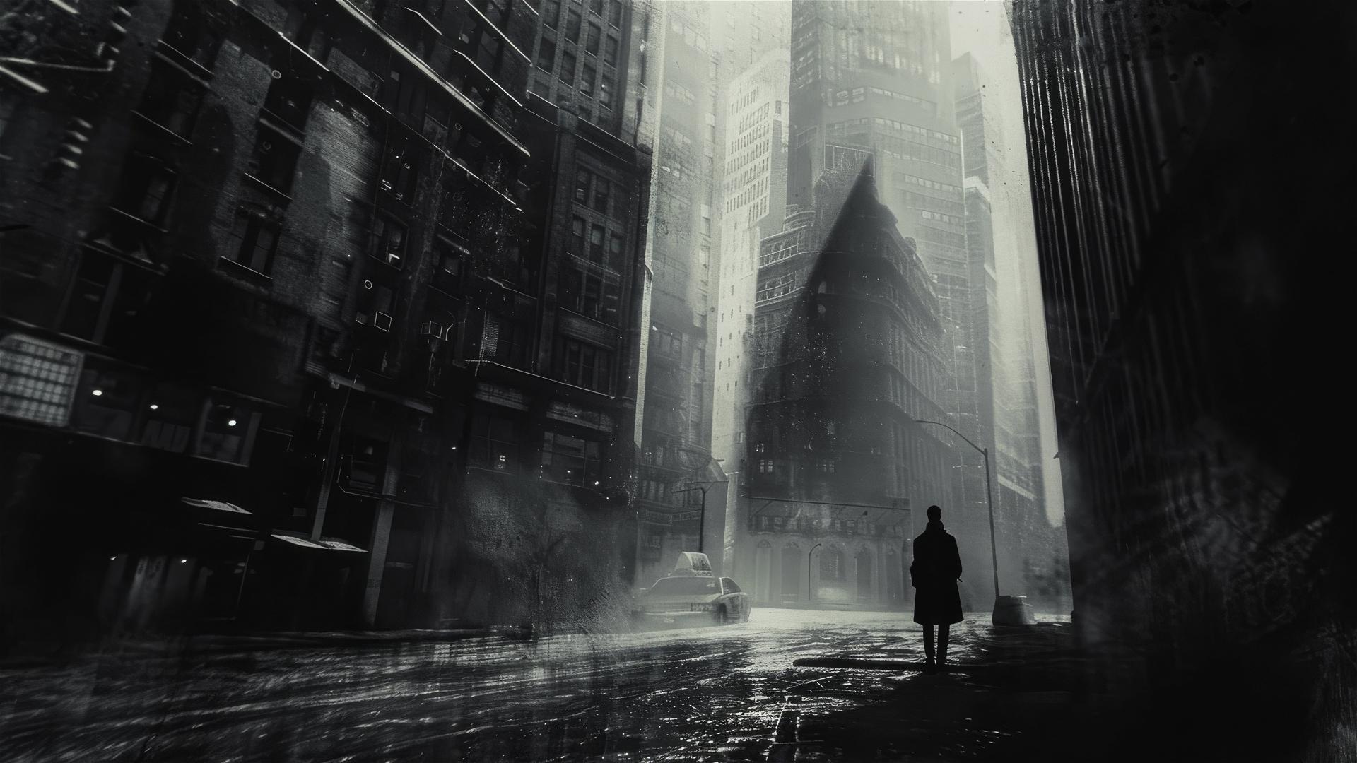 A lone figure casting a grand shadow revealing visions of a global enterprise on a black-and-white city street