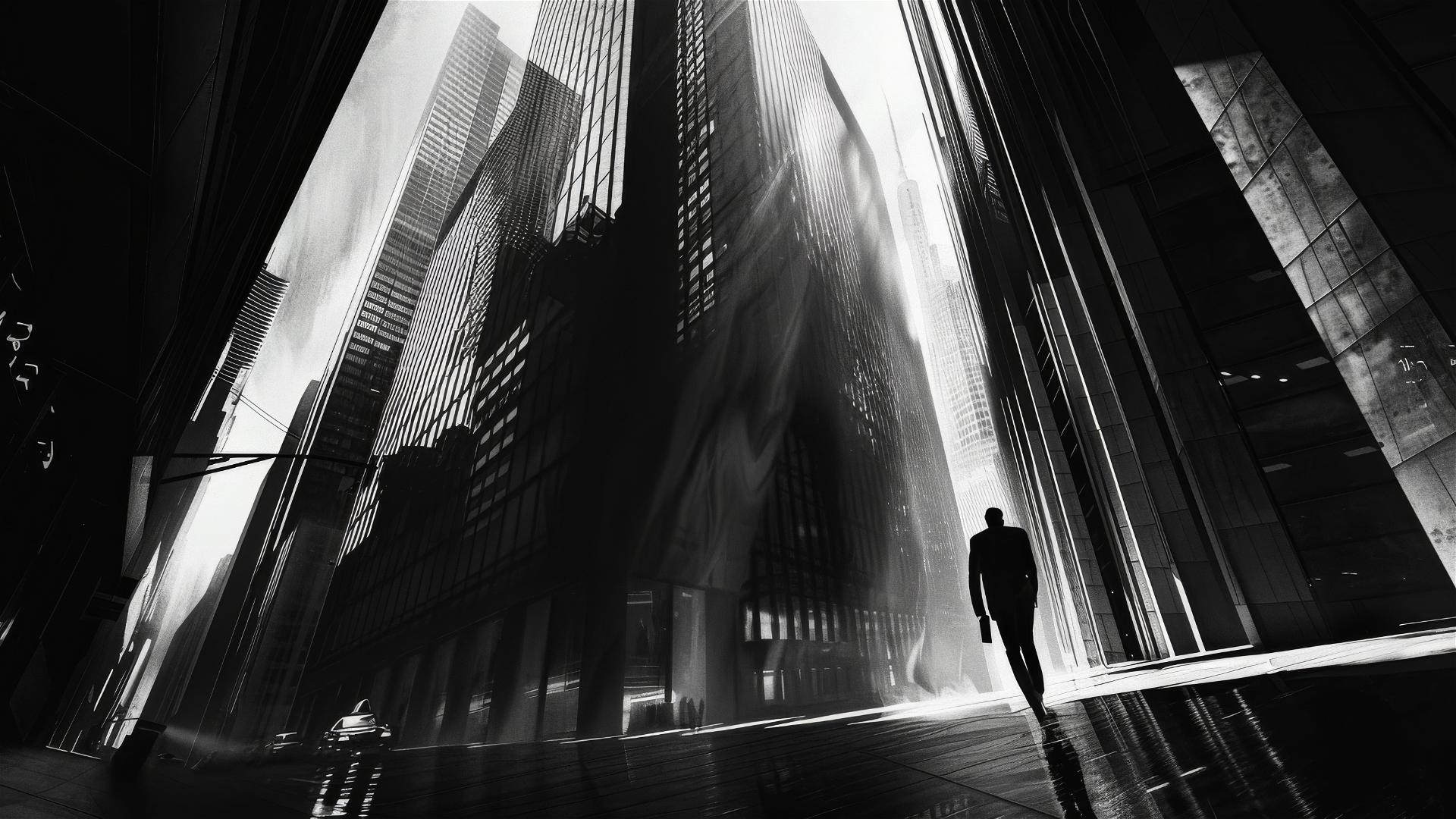 Figure casting global enterprise shadow on black and white city street