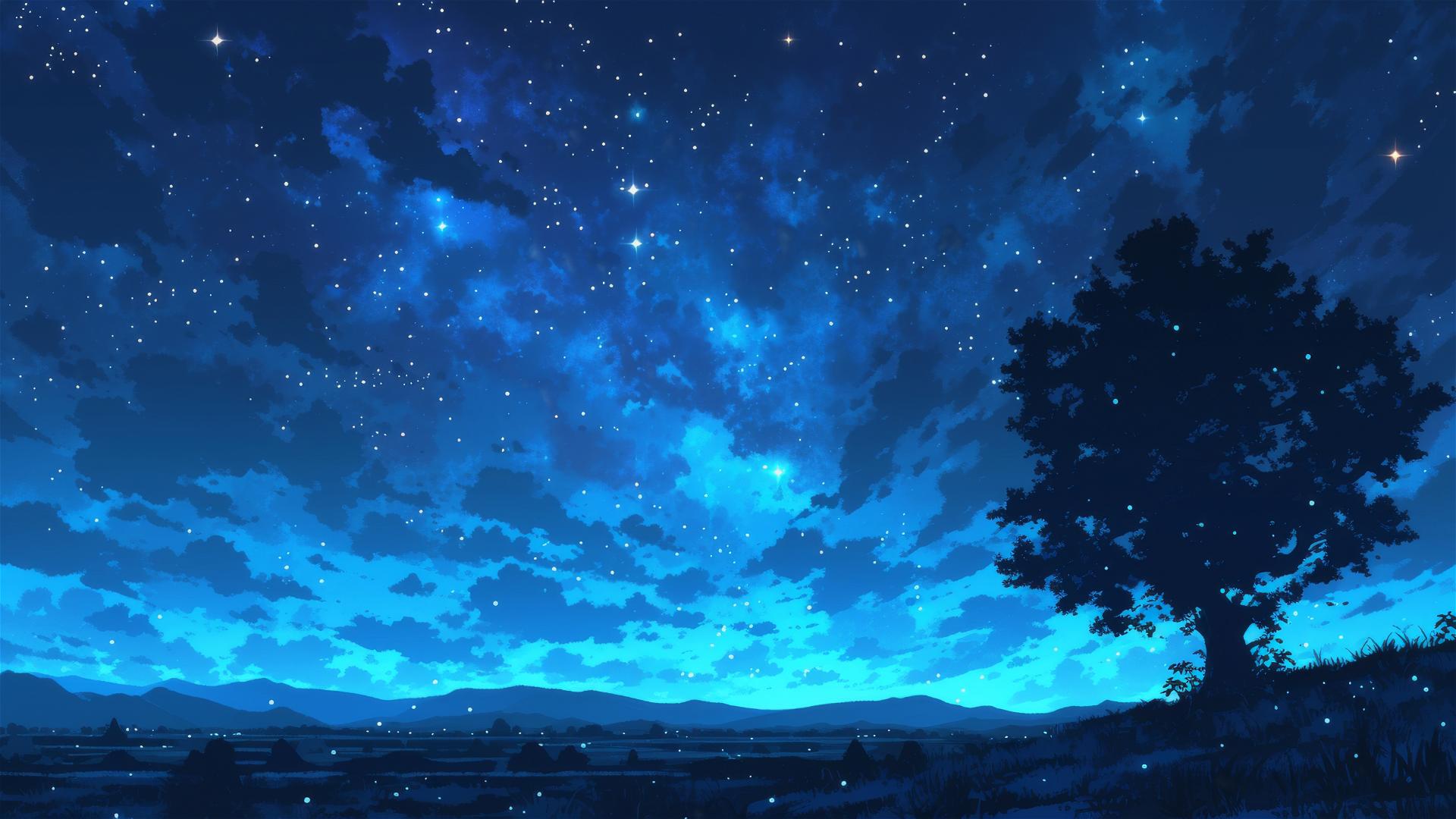Aesthetic dark scene with a silhouette of a lone pine against a pitch-black sky under faint starlight