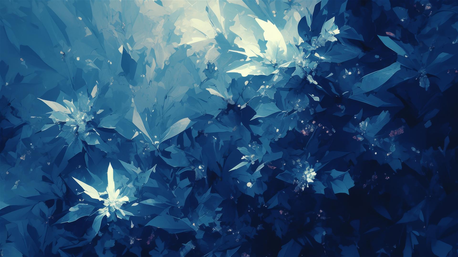 Dark winter scene, frost on holly leaves, ice crystals in moonlight.