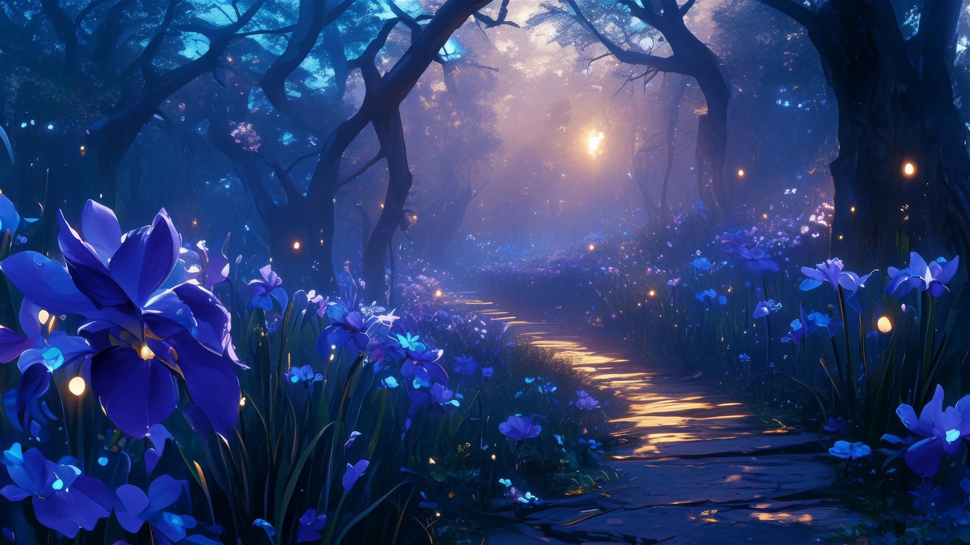 Path through a black forest with dark violet irises, leading to an unseen, enchanted realm