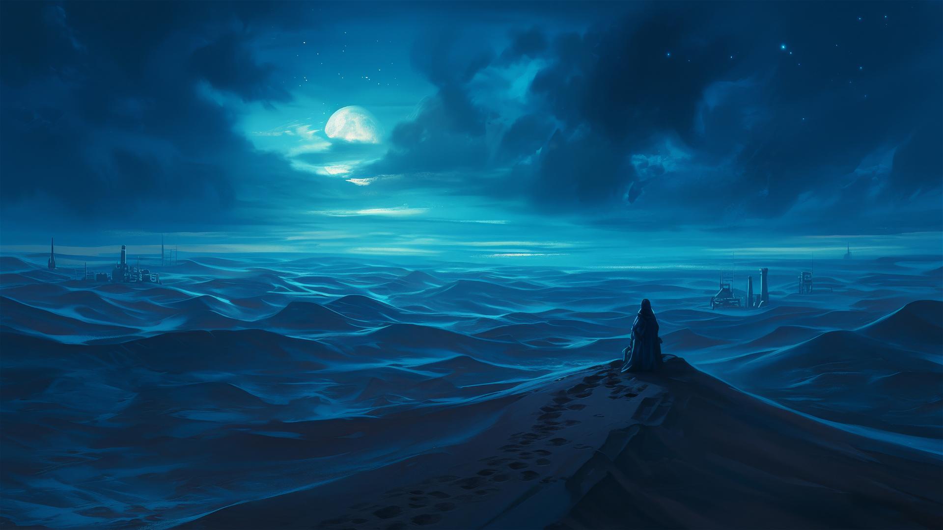 Seamless black sand desert extending into a starless sky