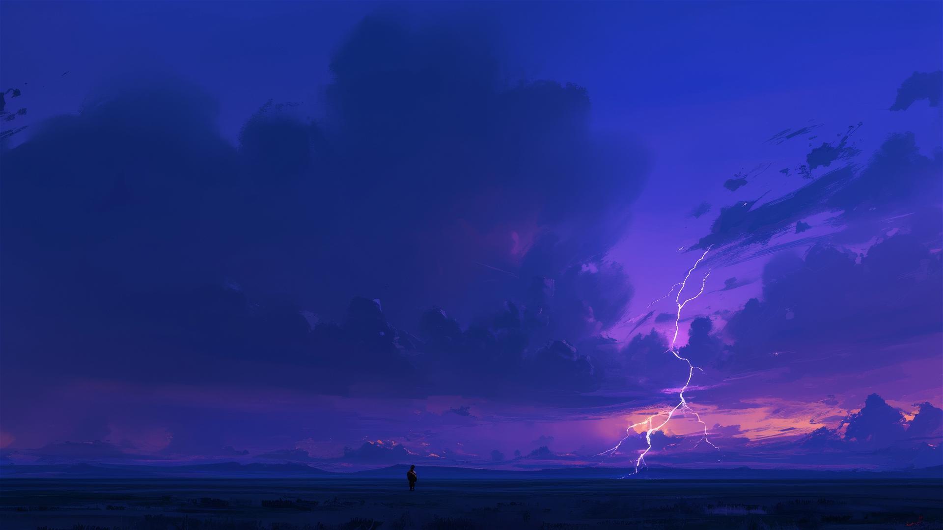 Black velvet sky with bright lightning bolt illuminating landscape