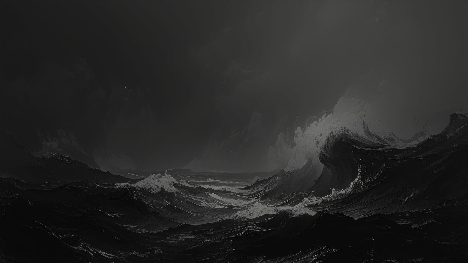 Monochrome black ocean blending with stormy sky