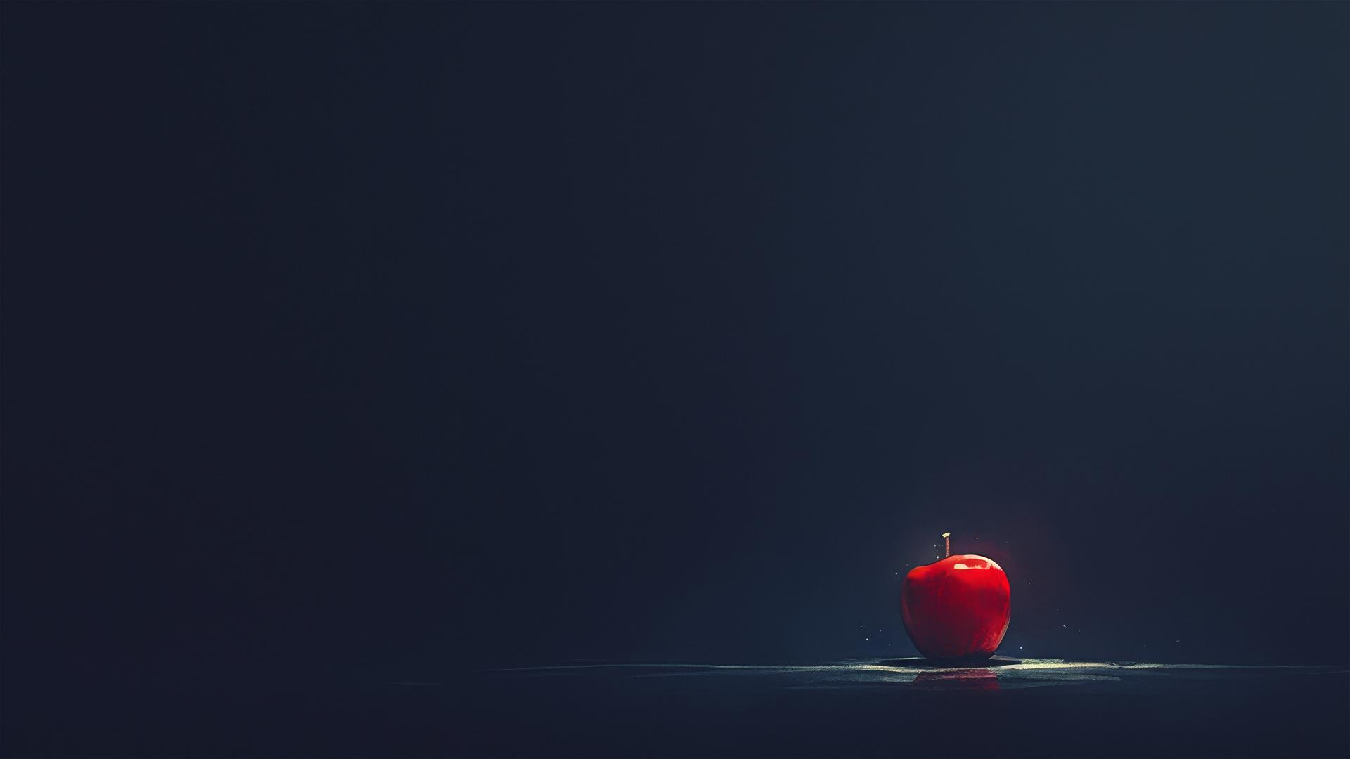 Aesthetic dark backdrop with a lone, bright red apple on the ground, starkly contrasting with the surrounding darkness, simple yet bold