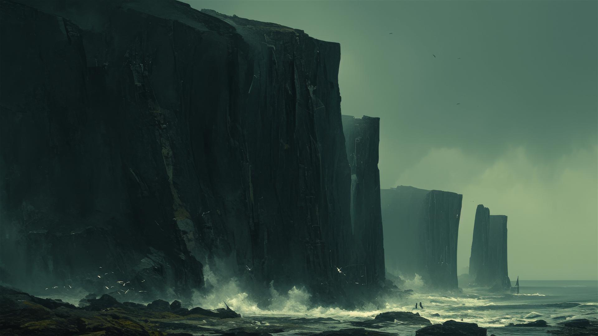 Dark charcoal cliffs and a stormy sea with violent waves under a moonless sky