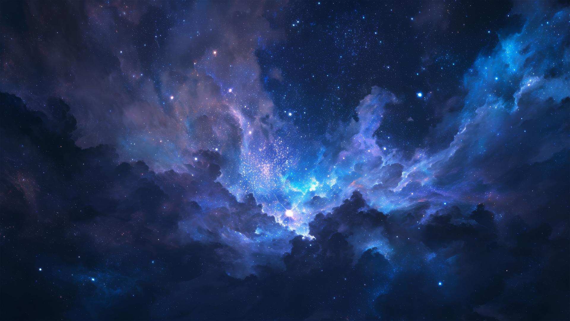 Aesthetic nebula sky full of cosmic dust clouds obscuring stars, presenting a deep and shadowy celestial scene