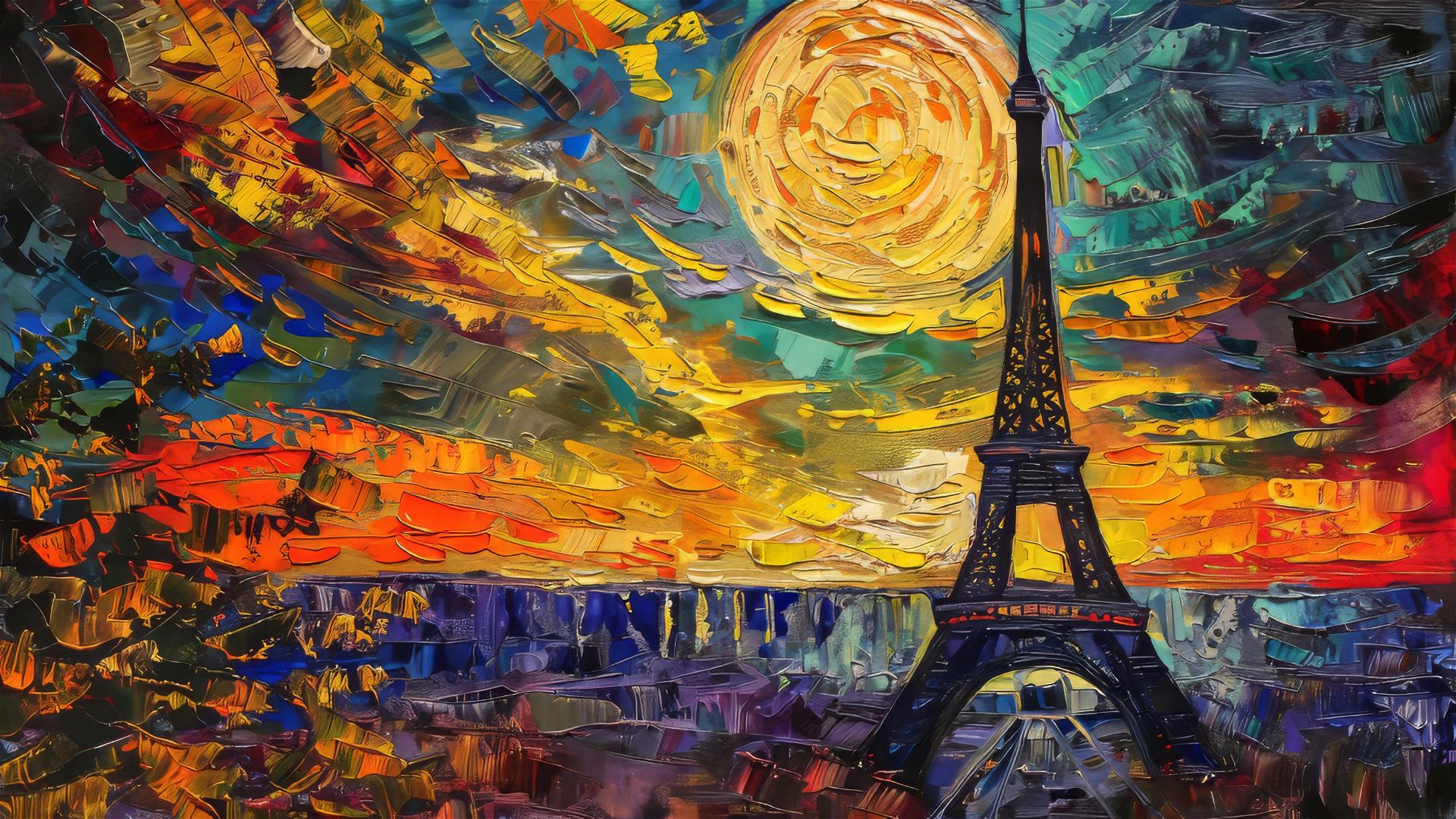 Impressionist painting of Eiffel Tower at dusk with crescent moon by Vincent Van Gogh