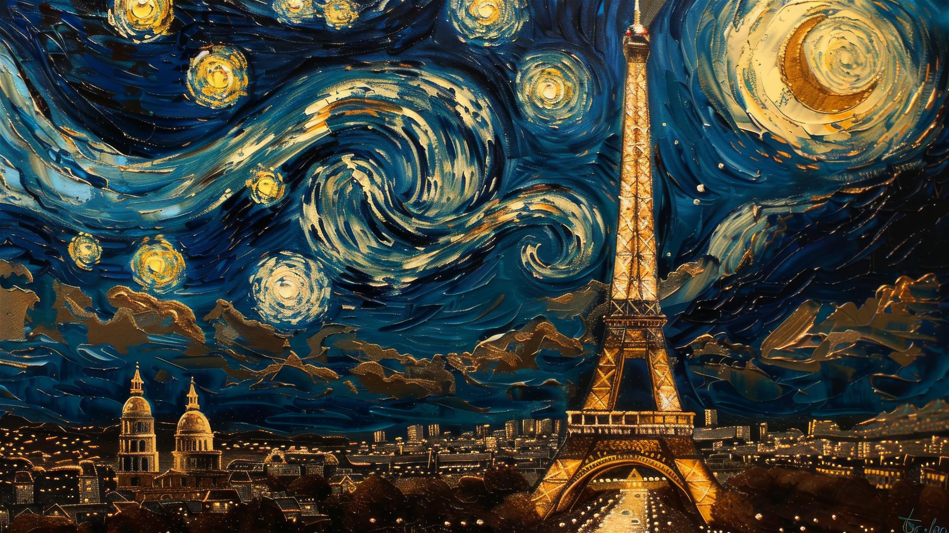 Van Gogh-inspired Paris night sky with realistic Eiffel Tower