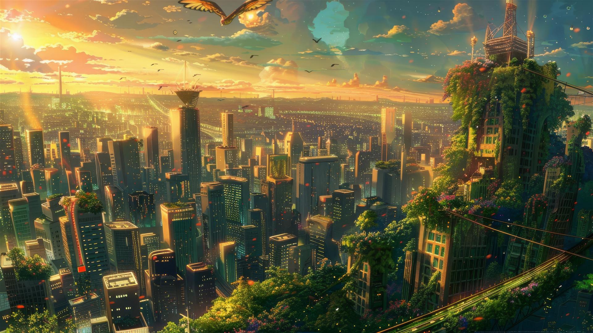 Anime cityscape with Ghibli magic, hanging gardens on skyscrapers, mystical creatures, at golden hour