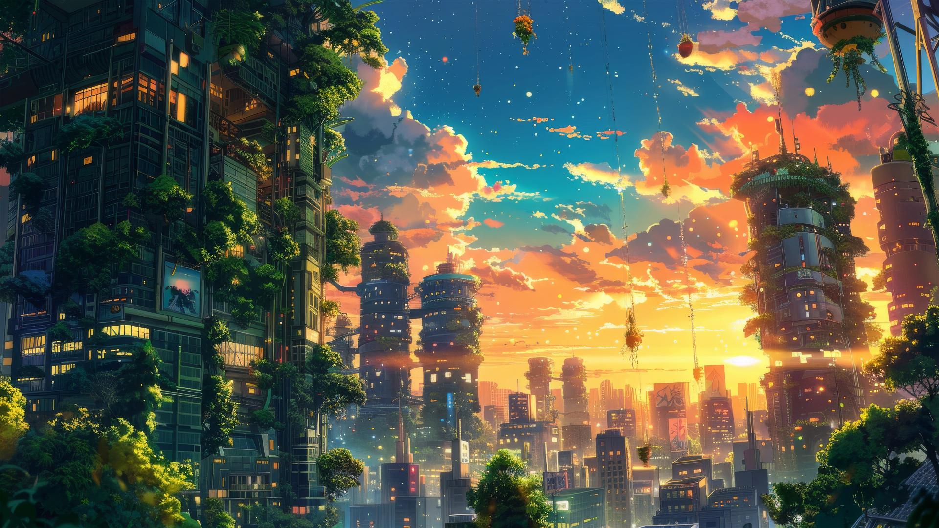 Anime cityscape with Ghibli magic, skyscrapers and mystical creatures at golden hour