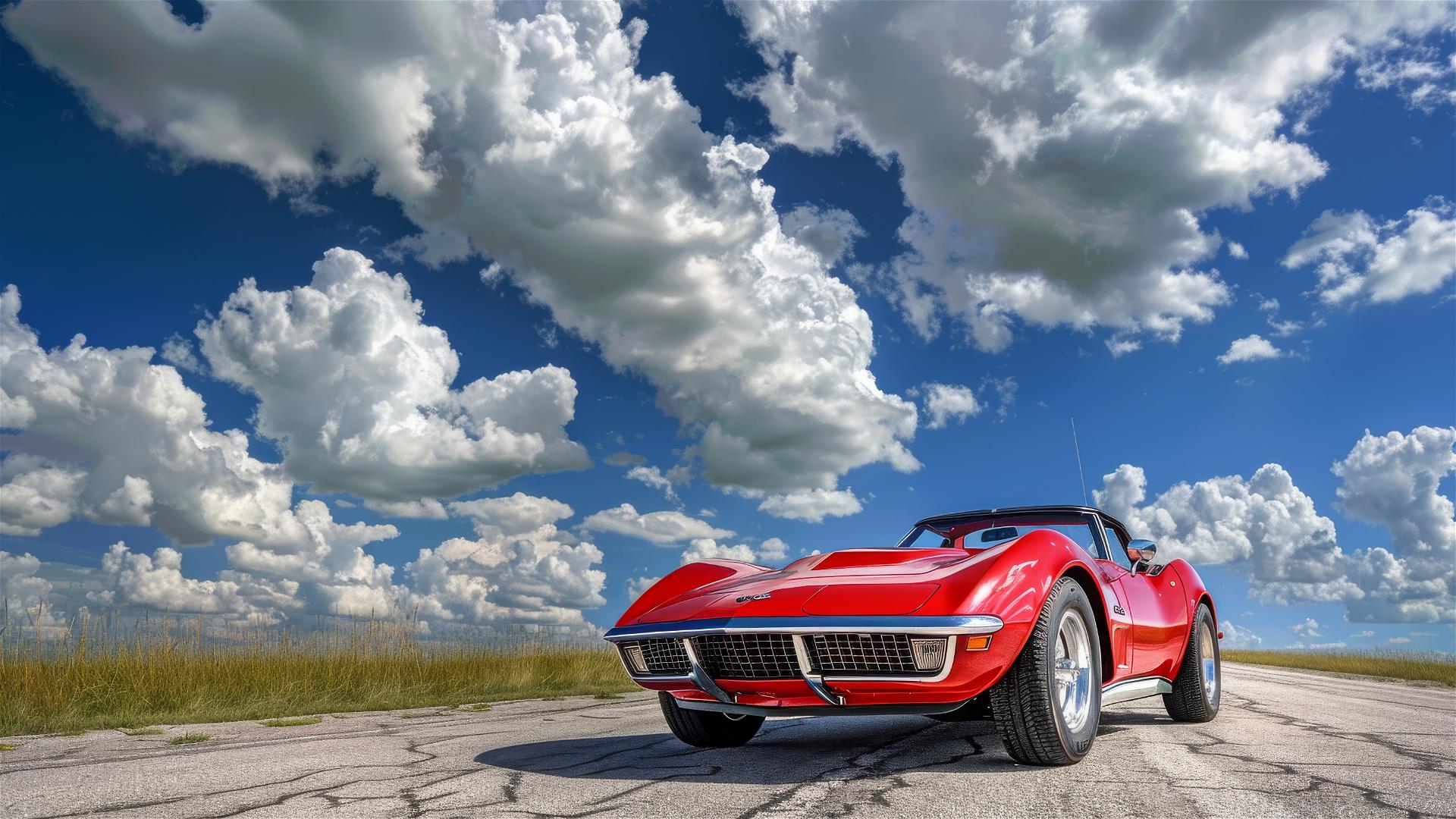 Red Corvette under blue sky with clouds