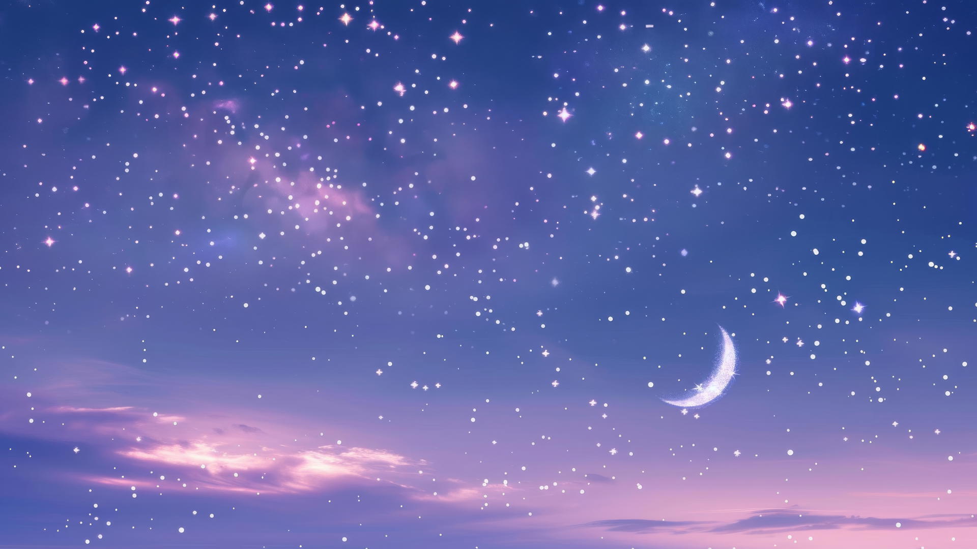 Light purple-blue sky with tiny stars, half moon, and pink galaxy hues