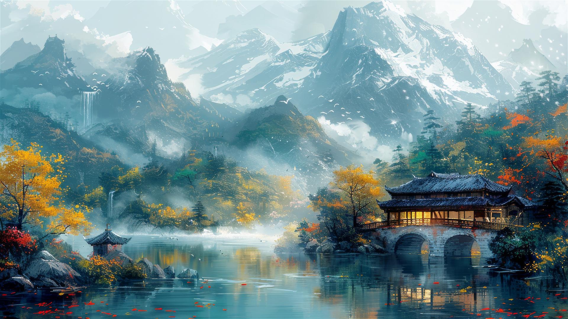 Oil painting of an old house under a bridge among mountains in yellow and cyan