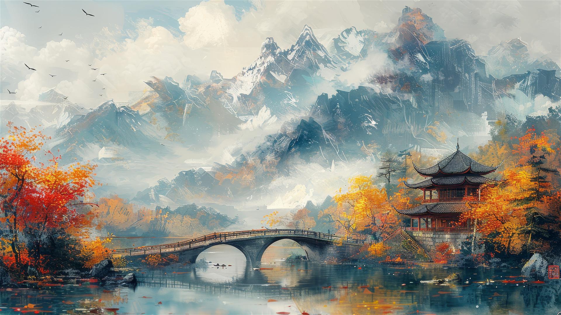 Artist's oil painting of an old house under a bridge amidst mountainous vistas with yellow and cyan hues in free brushwork style