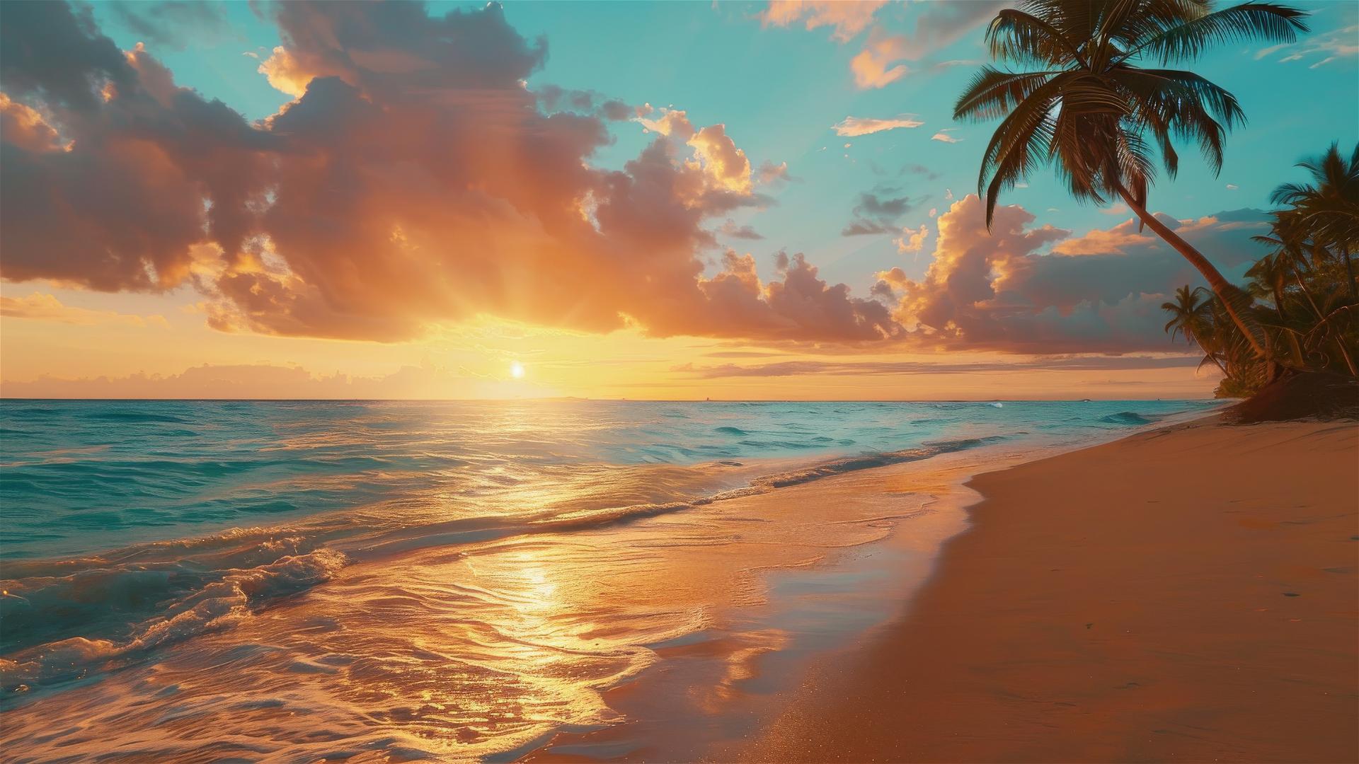 Colorful sunset on a beach with palm trees, golden sand, and turquoise water