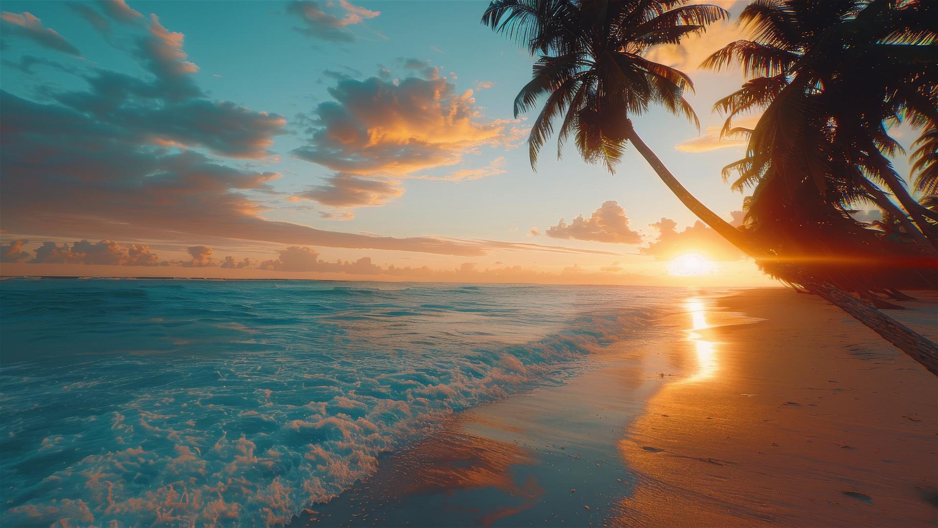 Colorful sunset at tranquil beach with palm trees and turquoise water