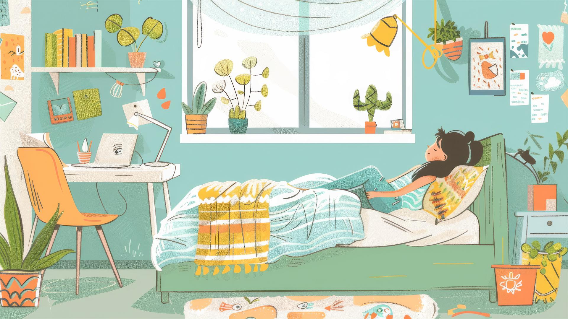 2D-style girl lying on bed in pastel-colored bedroom with doodle decorations