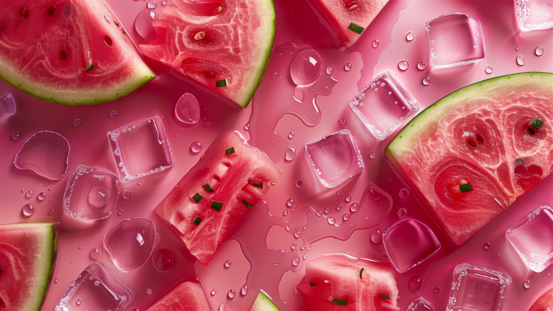 Fresh watermelon with water droplets, top-down view, professional photography.