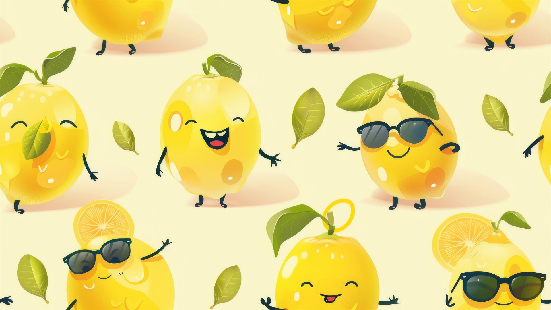 Cute cartoon lemon characters in various poses on light yellow background