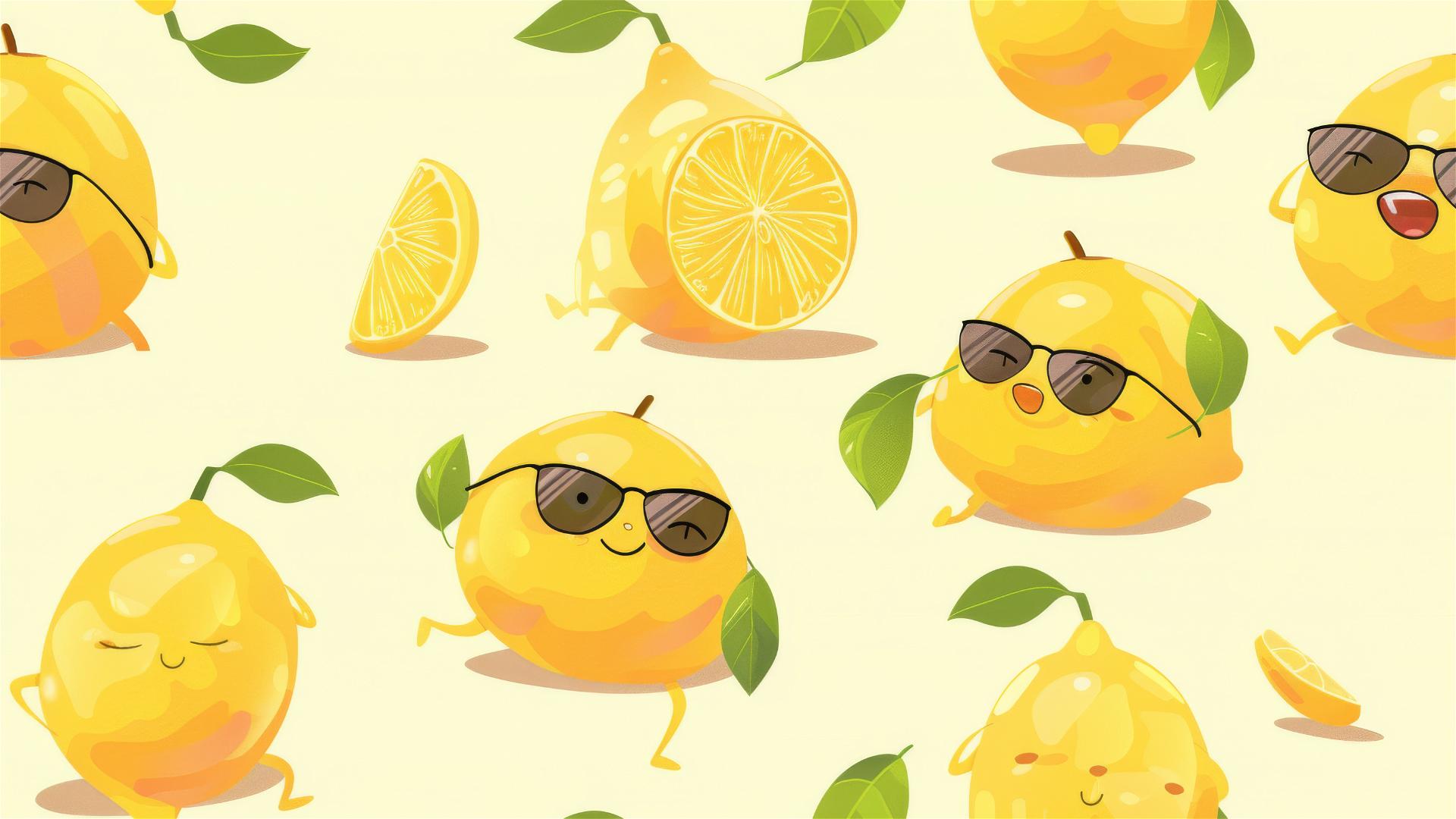 Cute cartoon lemons with exaggerated expressions on light yellow background