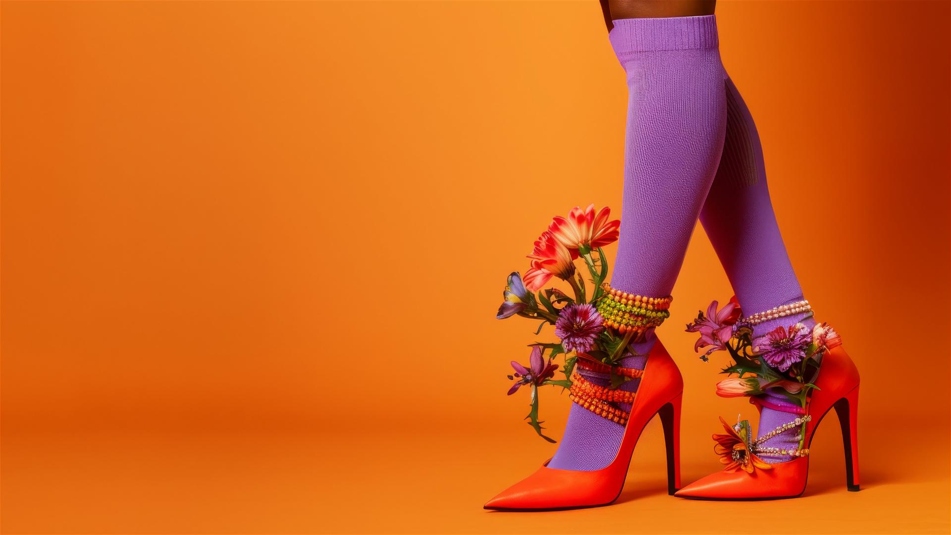 Leg with purple socks, orange high heels, flowers, and colorful bracelets