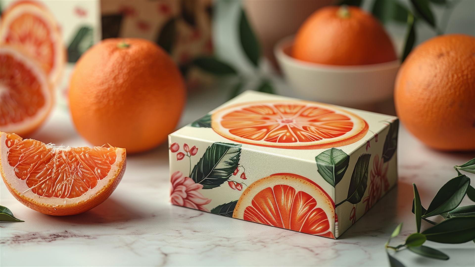 Rake orange gift box with green leaves on a matte square box