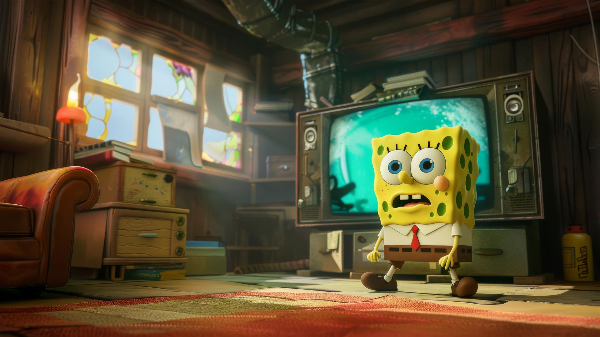 Cartoon figure like SpongeBob sitting in front of a giant TV screen