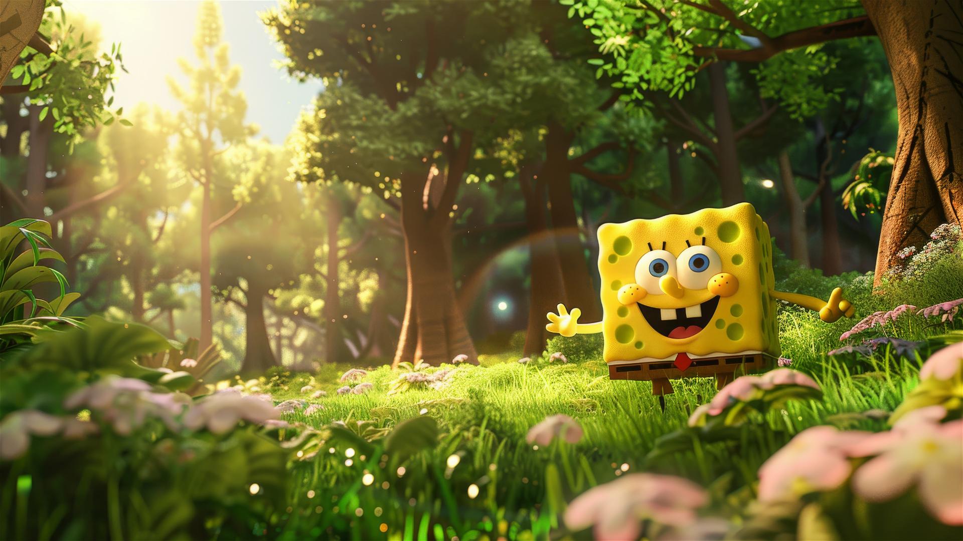 Spongebob Squarepants in a sunny forest