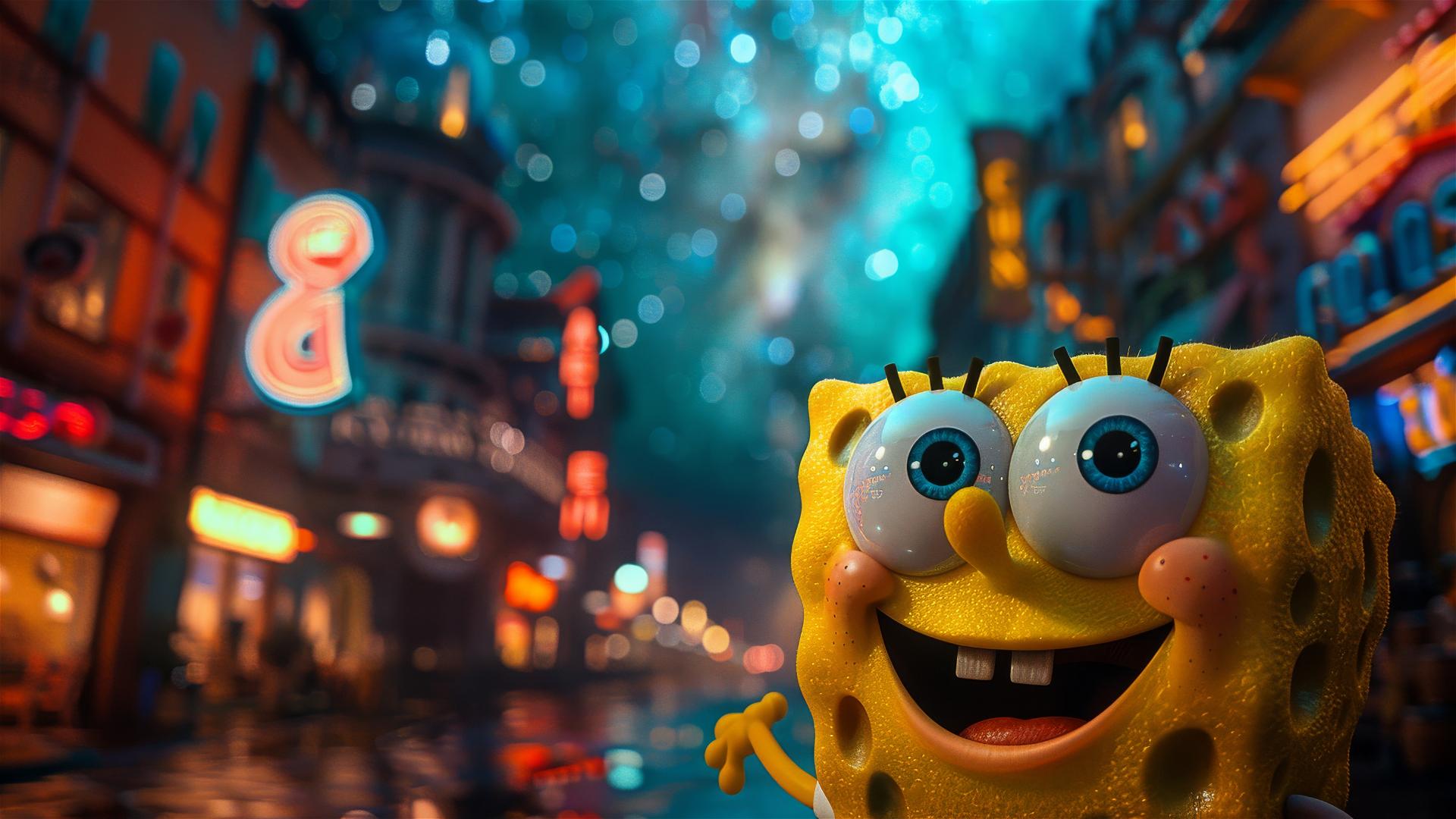 SpongeBob looking up at the Milky Way with Afrofuture gradients