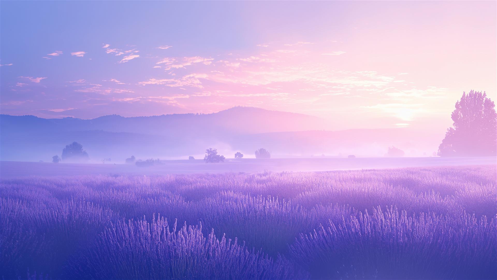 Gentle sunrise over a misty lavender field
