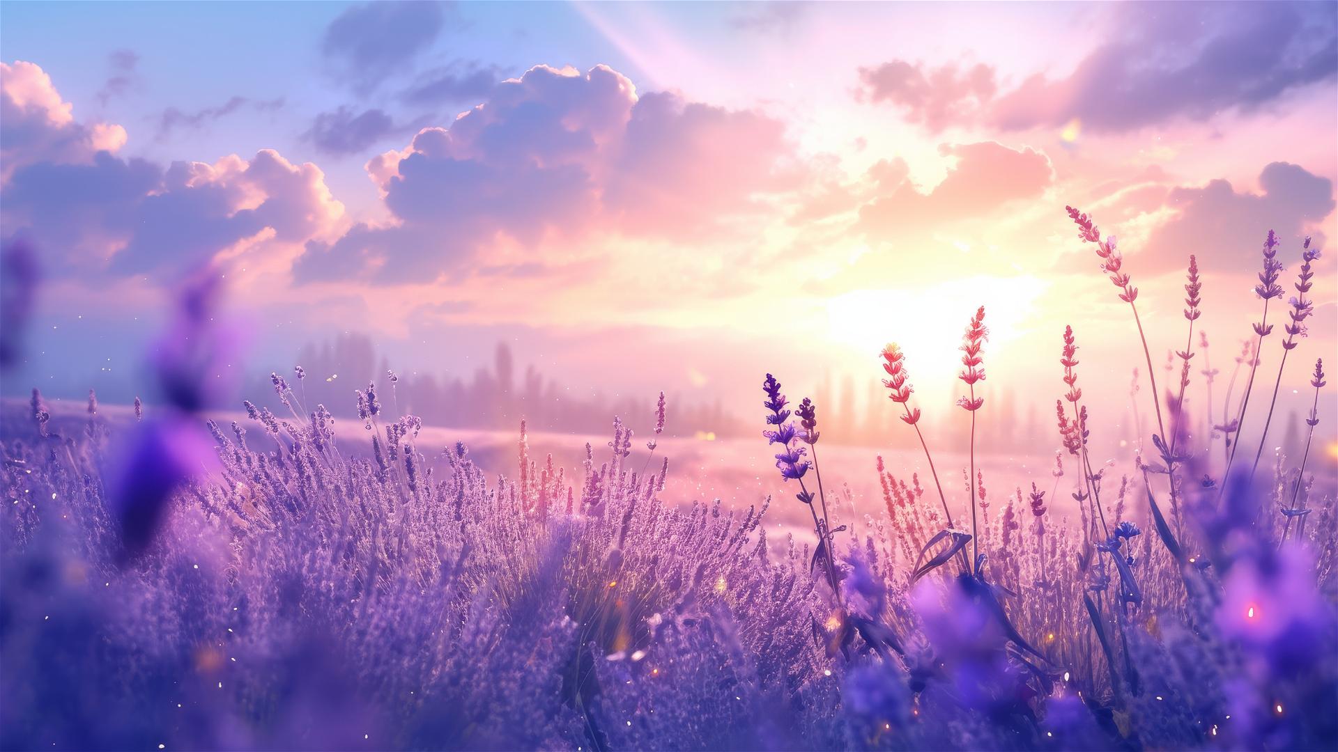 Gentle sunrise over a misty lavender field with soft focus
