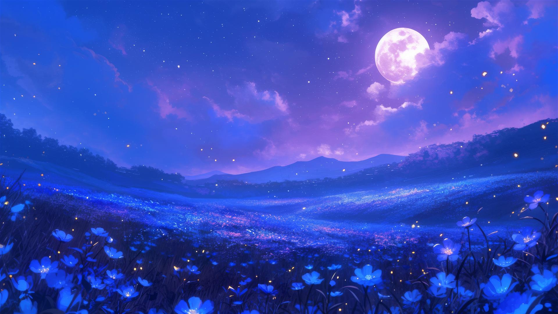 Expansive flower field under a harvest moon